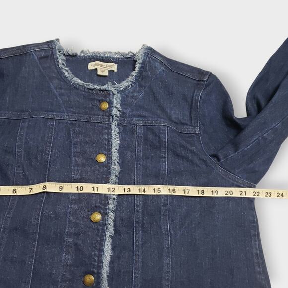 Coldwater Creek Frayed Edge Stretch Denim Jacket Collarless Drk Blue Sz Lg Boho - Picture 10 of 13